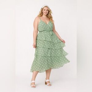 LC Lauren Conrad L Sage Green Polka Dot Tiered Midi Dress
